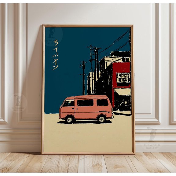 Retro Van Poster Japanese Urban Street Scene Art Minimalist Vehicle Wall Decor