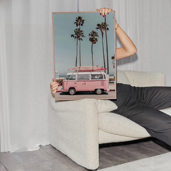 Retro Van Print, Tropical Poster, Pink Decor, Vw Beetle Wall Decor, Light Blue Sky, Retro Van, Palm Trees Art, Bohemian Decor, Pink Wall Art Wall Art, Modern Wall Decor, 8x12 UNFRAMED