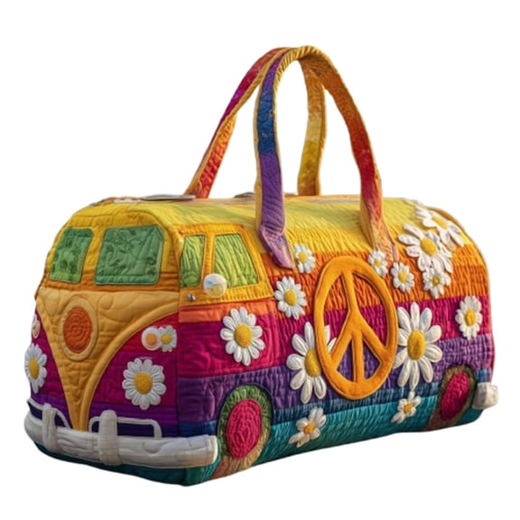 Retro Van Shape Quilted Duffle Printed Bag,Colorful Hippie Peace Sign, Wild Design, Travel Weekender Tote Bag
