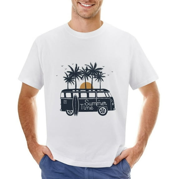 Retro Van, Surfboard And Palms Men’s T-Shirt 100% Cotton Casual Short Sleeve Tops Gift Tee White 3XL