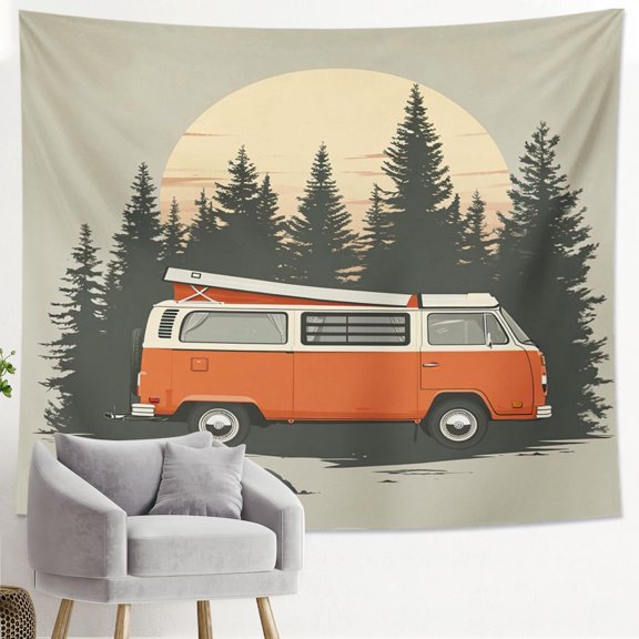 Retro Van Tapestry Wall Hanging Orange Forest Adventure Van Art Summer Road Trip Decor for Living Room Bedroom Dorm 40x60 Inch