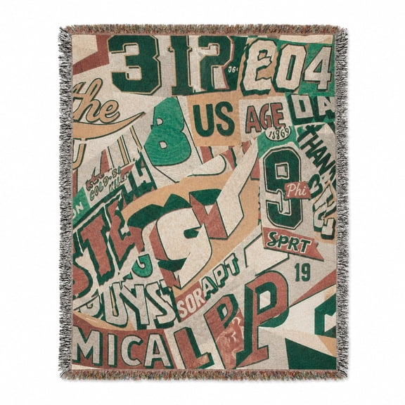 Retro Varsity Sports Typography Green, Cream and Coral Woven Throw Blanket, 100% Cotton with Fringed Edges, Home Decor