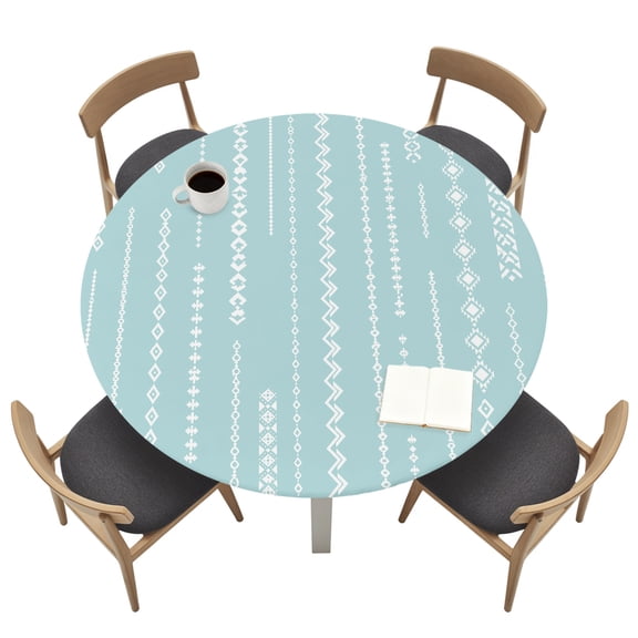 Retro Vertical Lines Round Fitted Tablecloth with Elastic Edged, Farmhouse Teal Complex Stripes Waterproof Table Cover for Dinner Outdoor Picnic &nbsp;Fits Round Tables up to 45"- 54" Diameter