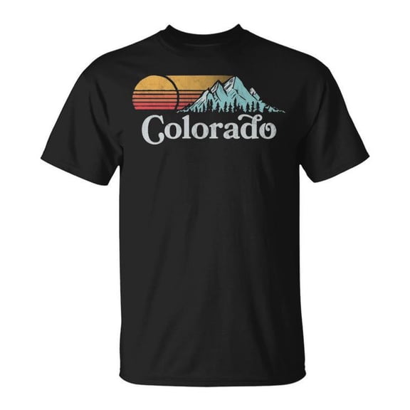 Retro Vibe Colorado Vintage Mountain Sun Graphic Tee Unisex Adult Cotton Nature Lover State Pride Design T-Shirt for Travel Outdoor Casual Wear, Size 5XL, Color Black