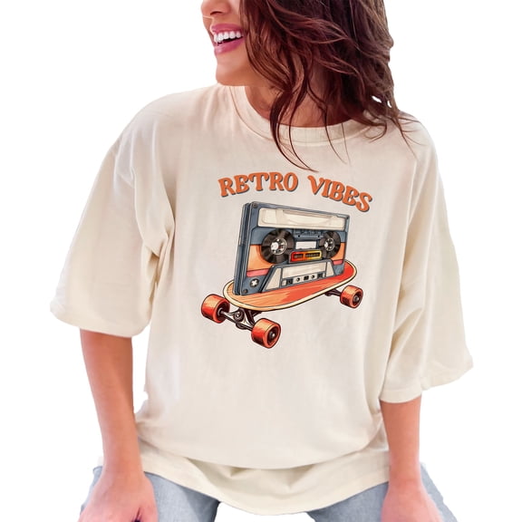 Retro Vibes Cassette Skateboard T-Shirt, Vintage Music Graphic Tee, Cool Casual Top for Music Lovers, 80s and 90s Themed Shirt, Ivory Comfort Colors T-Shirt, Medium