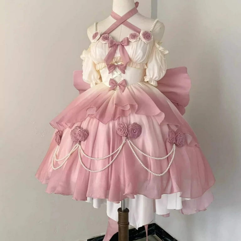 Retro Victorian Lolita Dress Elegant Women Sweet Bow Pearl Chain