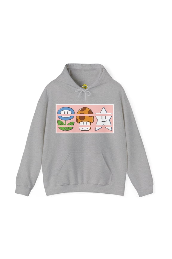Retro Video Game Mini Game Match Hoodie - Pixelated Mushroom, Star, Flower