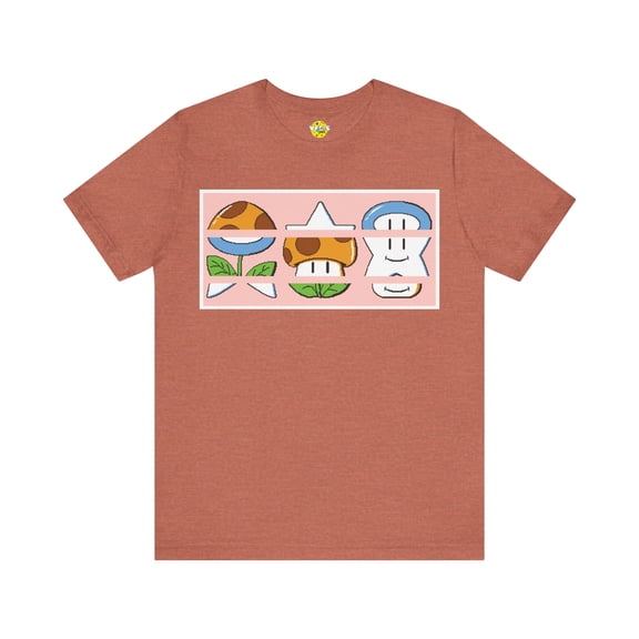 Retro Video Game Mini Game Mixed Up Tee - Pixelated Mushroom, Star, Flower