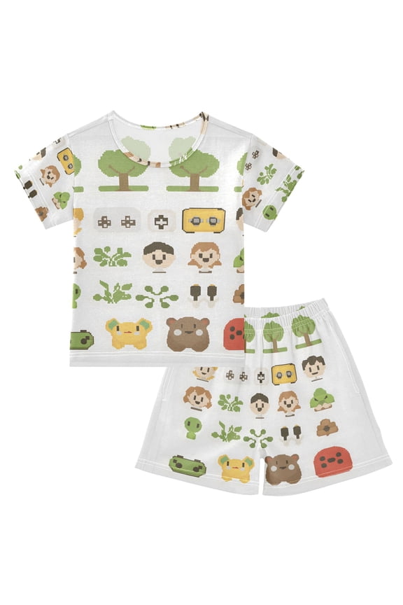 Retro Video Game Scene Printed Summer Pajama Set Soft Cotton Short Sleeve Sleepwear 2PCS Pajama Sets Breathable Lounge Set Size 5Y