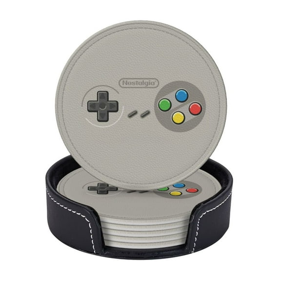 Retro Video Game Turbo Controller Coasters With Leather Holder Set Of 6 Round Coasters for Home and Kitchen Decor