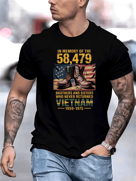 Retro Vietnam Veteran Memorial T-Shirt Men's Patriotic Military Honor Tee In Memory of the 58,479 Fallen Heroes Vintage Style Short Sleeve Black Top