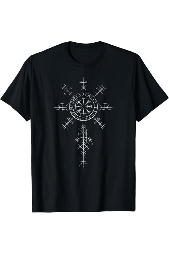 Retro Viking Symbol Compass Vegvisir Nordic Rune Celtic T-ShirtMen's and women's gift, black and white T-shirt, size: Extra large S-4XL