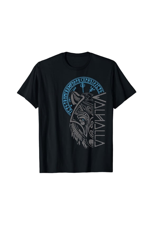 Retro Viking Valhalla Wolf Graphic Tee Norse Mythology Rune Men's T-Shirt Cool Pagan Aesthetic Top