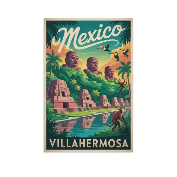 Retro Villahermosa Travel Poster Showing Park Life And Heritage in Vibrant Green Print Poster