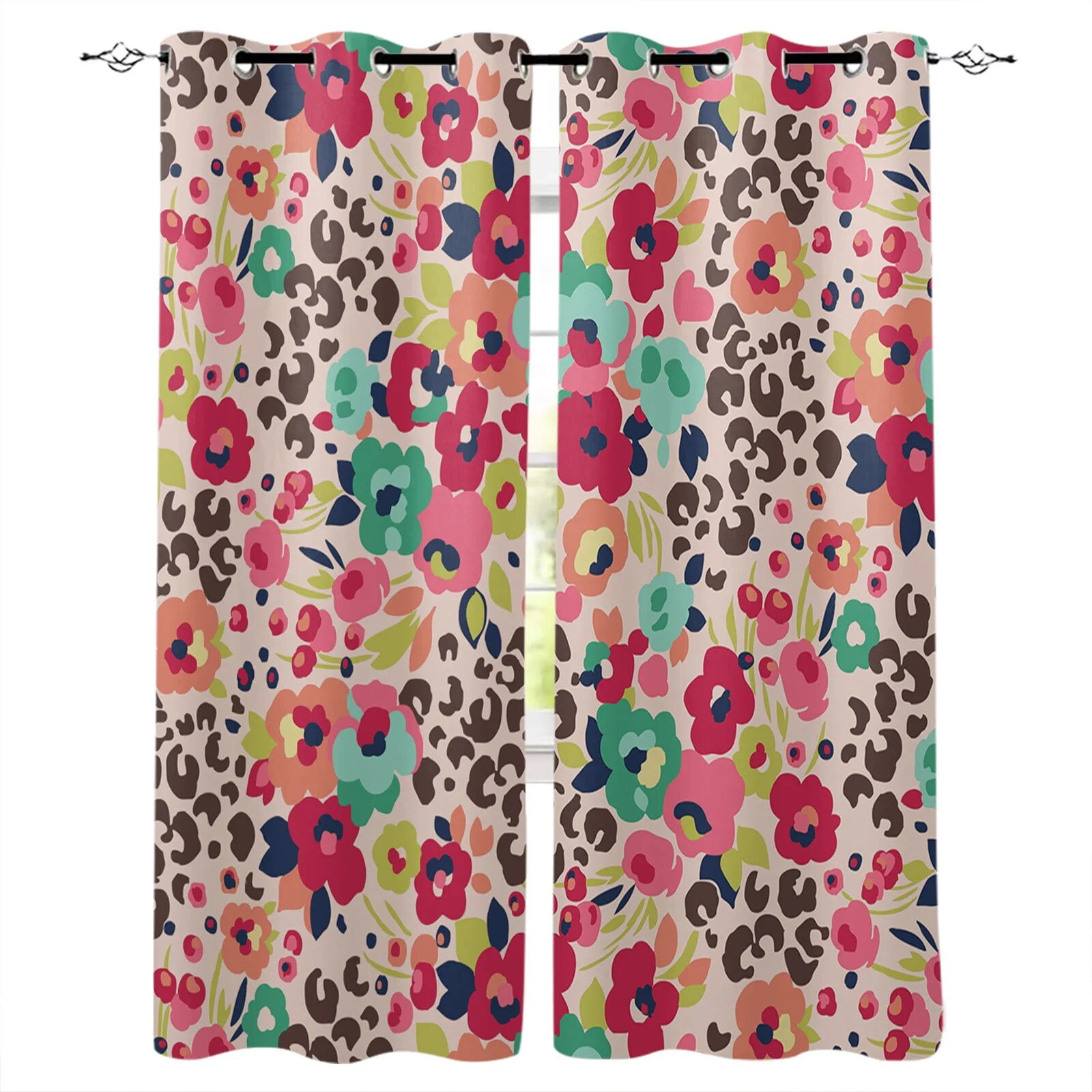 Retro Vintage Abstract Flower Red Leopard Print Curtains for Living