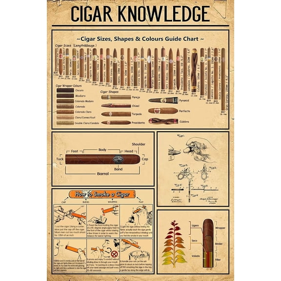 Retro Vintage Art Poster Plaque Cigar Knowledge Poster for Home Living Room Kitchen Cafe Bar Wall Decor Signs
