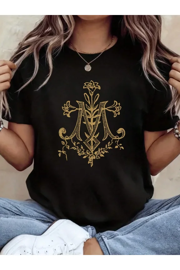 Retro Vintage Auspice Maria Monogram Floral Lily Graphic T-Shirt - Aesthetic Religious Christian Catholic Apparel for Men and Women - Classic Black Short Sleeve Tee