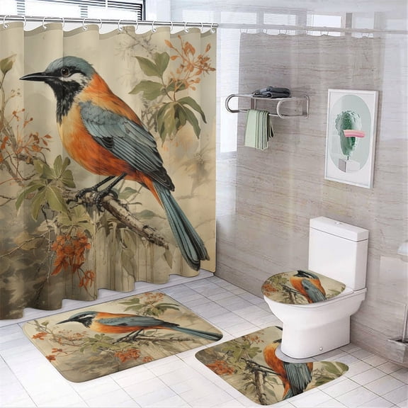 Retro Vintage Bird French Country Tuscan Style 4 Piece Shower Curtain Sets Bathroom Shower Curtain Set with Rugs Vintage Bird Style Waterproof Durable Bathroom Decor Shower for Bathroom Decor Set