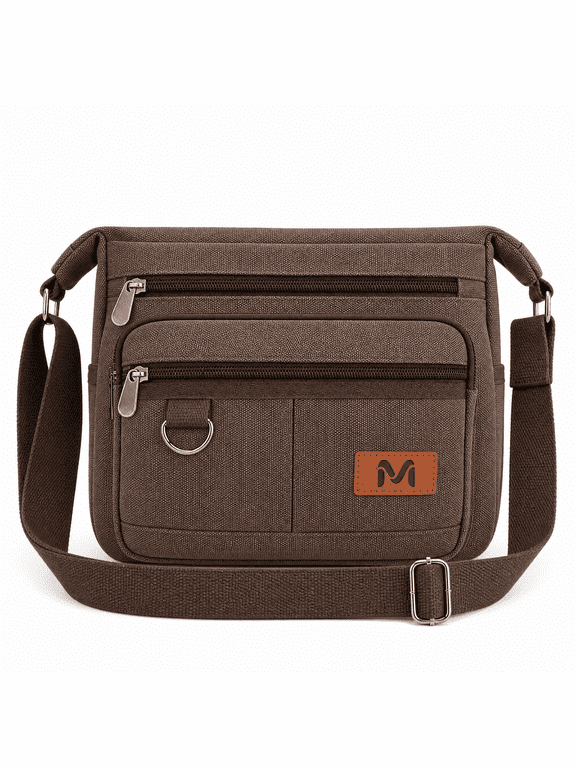 Retro Vintage Brown Canvas Crossbody Messenger Bag, 13.3 Inch Laptop & 12.9" iPad Pro Casual Shoulder Bag, Daily Outdoor Travel Work Bag with Water Bottle Holders, Built-in Wallet, Classic Brown