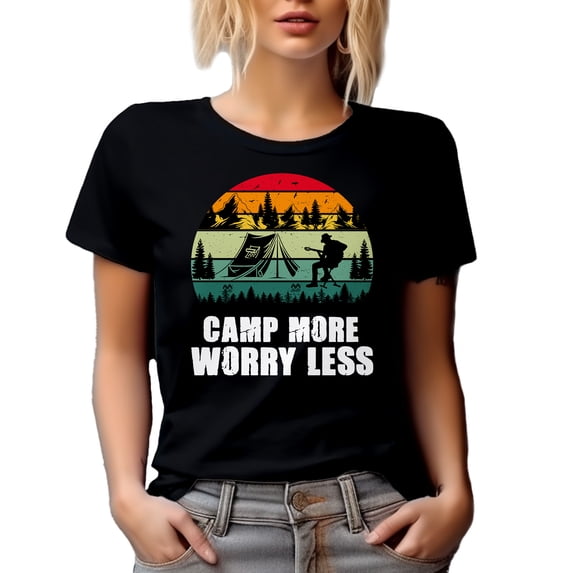 Retro Vintage Camp More Worry Less, Camping Lover Quote, Black T-Shirt, Small