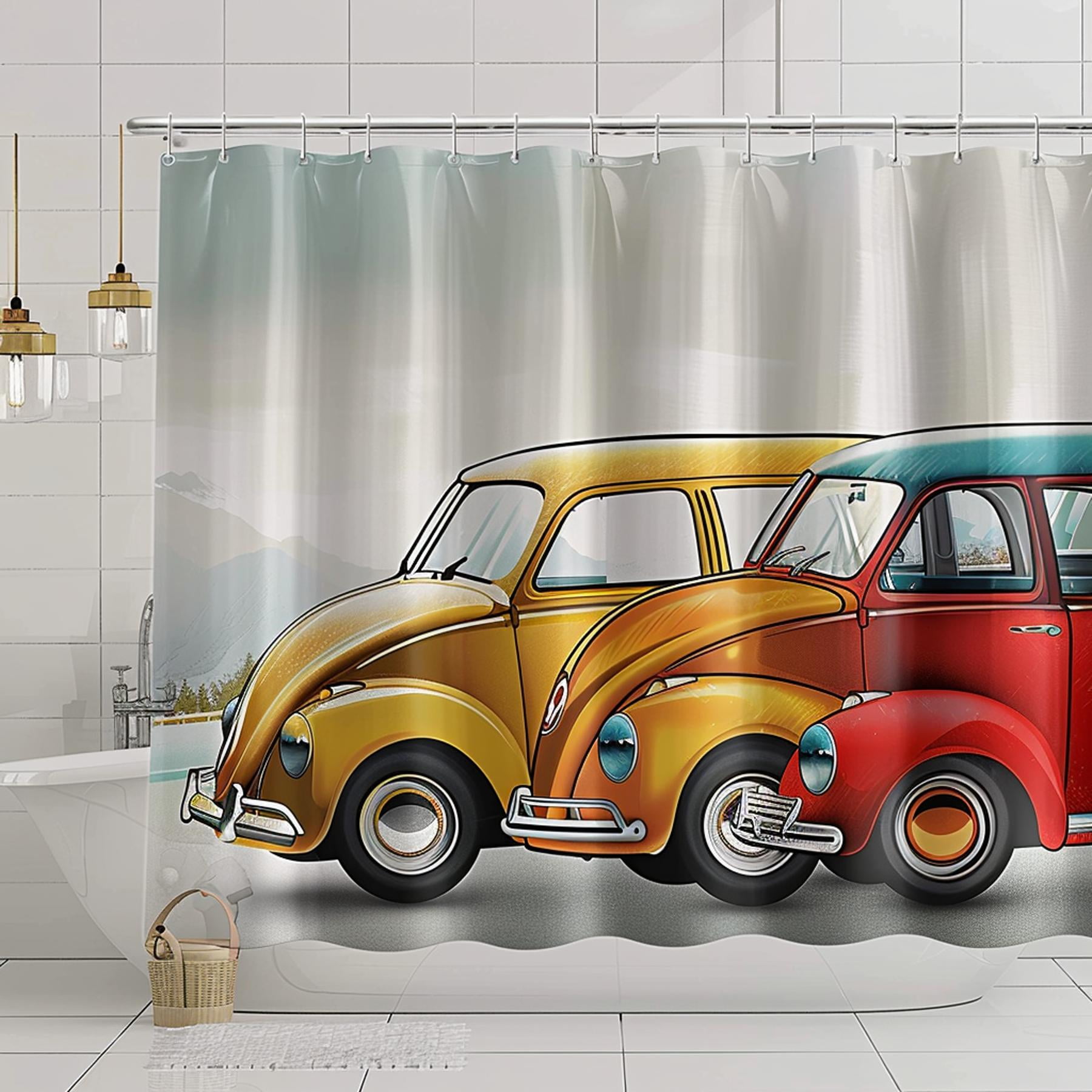 Retro Vintage Car Bathroom Set Red Yellow Blue Cars on White Background