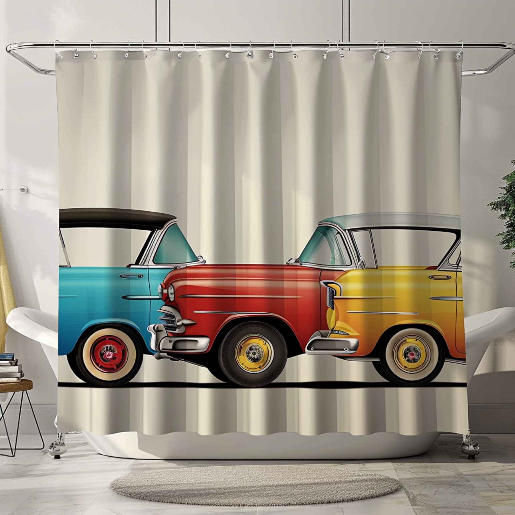 Retro Vintage Car Shower Curtain Colorful Bathroom Decor with Classic