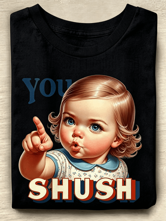 Retro Vintage Cartoon Baby Graphic T-Shirt You Shush Funny Sassy Women’s Casual Short Sleeve Tee