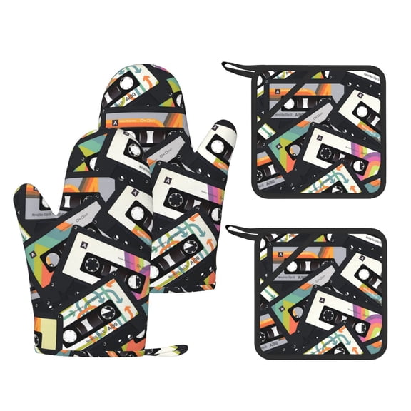 Retro Vintage Cassette Tape 4-Piece Silicone Oven Gloves and Pot Holders Set Hot Pads for Kitchen Cooking BBQ Baking Chefs Cooks