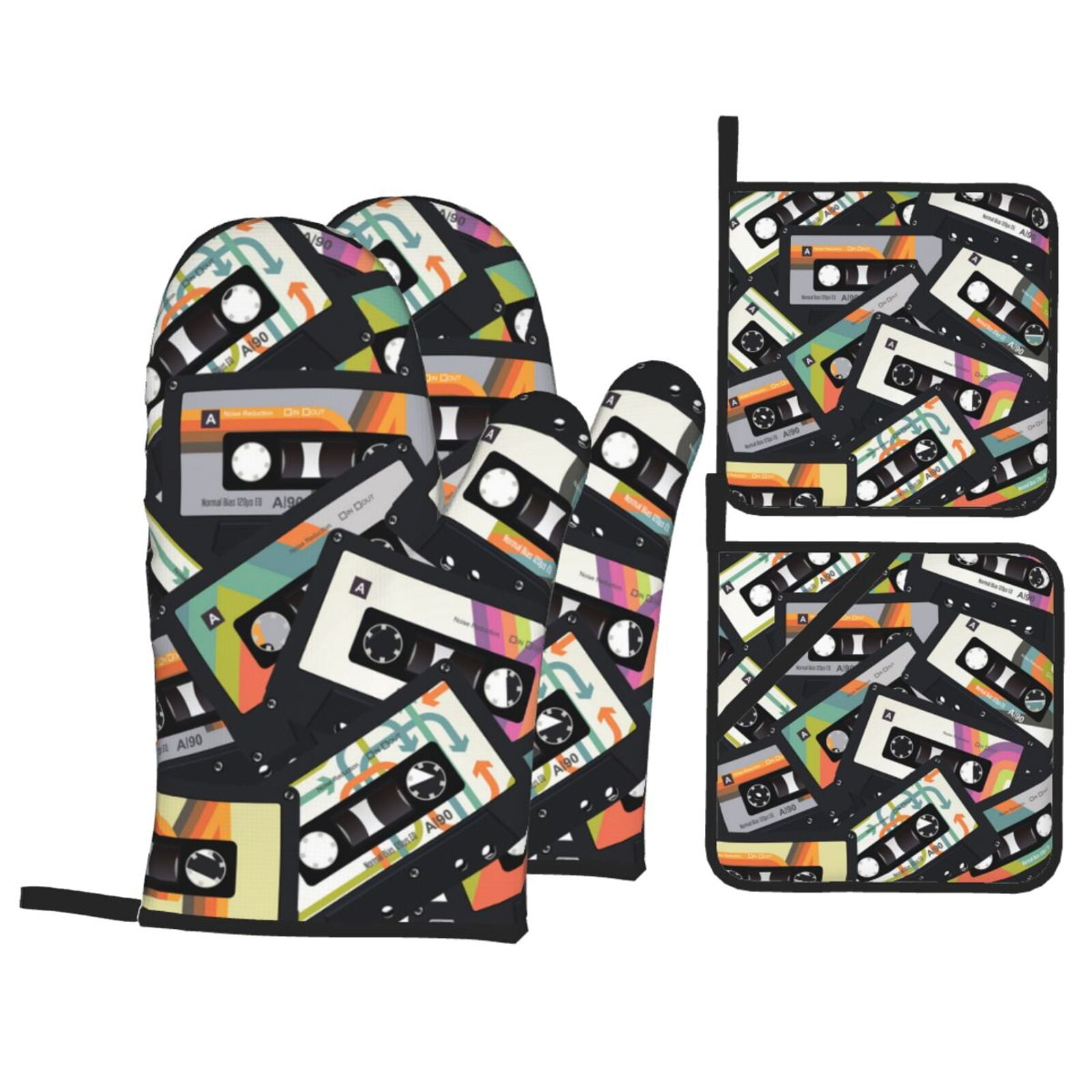 Retro Vintage Cassette Tape 4Pcs Oven Mitts and Pot Holders Sets Oven Kitchen Gloves Hot Pads for Cooking BBQ Baking Grilling