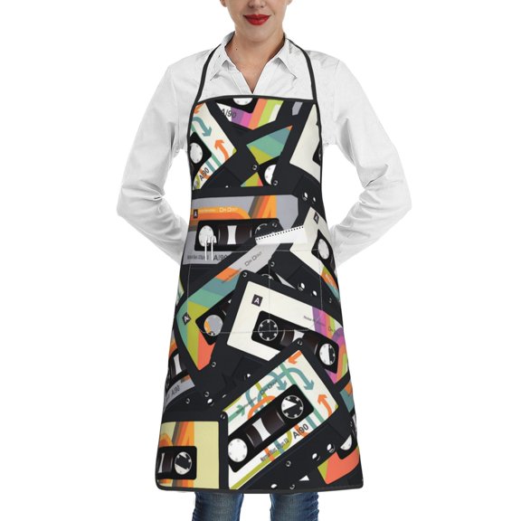 Retro Vintage Cassette Tape Apron with Pocket Cooking Waterproof Bib Aprons for Kitchen Baking Chef Gardening BBQ