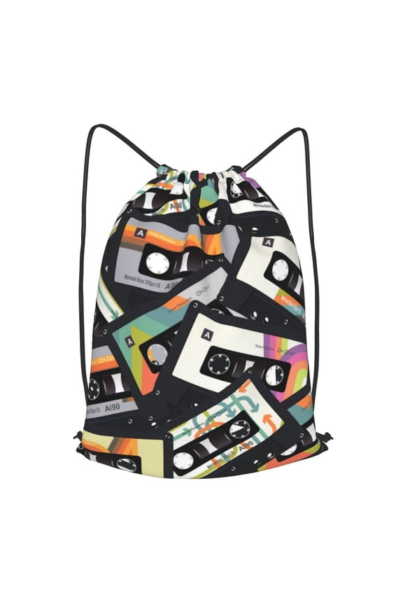 Retro Vintage Cassette Tape Drawstring Backpack Gym String Bag Sports Sackpack Cinch Sack, Small