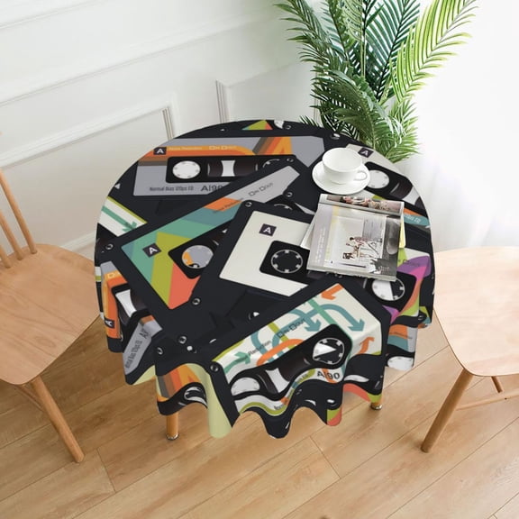Retro Vintage Cassette Tape Tablecloths Round 60 inch Fabric Table Cloth Cover for Dining Kitchen Wedding Party