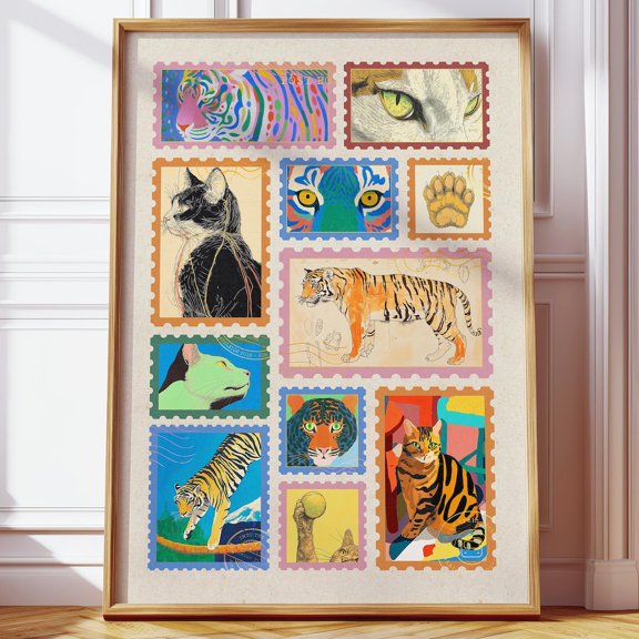 Retro Vintage Cat And Tiger Chart Colorful Feline Art, Unframed Paper Poster 8x10in