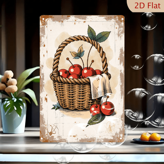 Retro Vintage Cherry Basket Wall Art, 8x12 Inch Metal Tin Sign with Red Cherries, Wicker Basket and Embroidered Napkin on Aged Parchment Background, Rustic Kitchen Decor