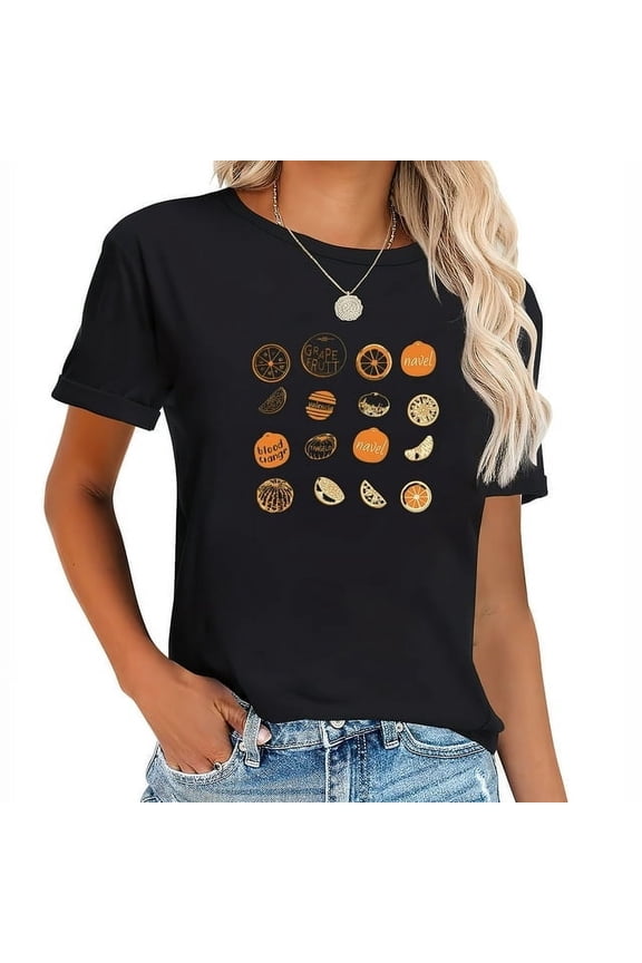 Retro Vintage Citrus Fruit Graphic Tee Women's Short Sleeve Casual Black T-Shirt Botanical Orange Grapefruit Print Summer Fashion Top