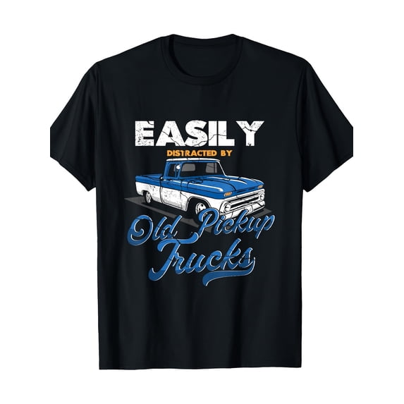 Retro Vintage Classic Pickup Truck Graphic Tee - Funny Easily Distracted By Old Trucks Men's Cotton T-Shirt - Blue White Automotive Enthusiast Apparel