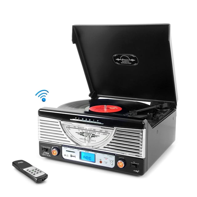 Retro Vintage Classic Style BT Turntable Vinyl Record Player with USB/MP3 Computer Recording (Black)