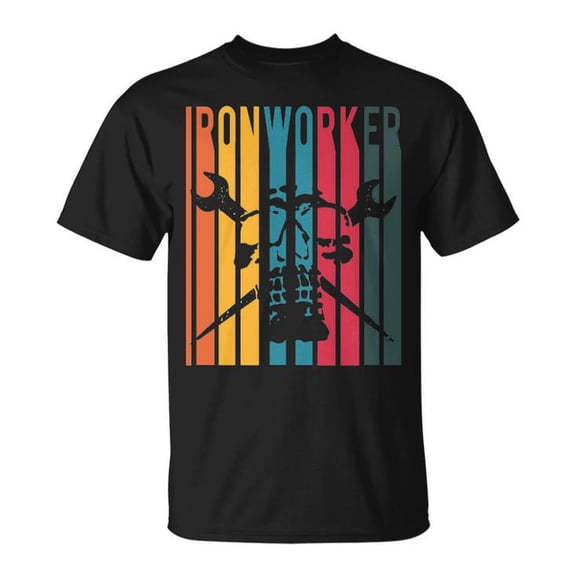Retro Vintage Colorful Ironworker Graphic Tee Unisex Adult Cotton Casual Construction Worker T-Shirt for Ironwork Professionals and Trade Enthusiasts, Size S, Color Black