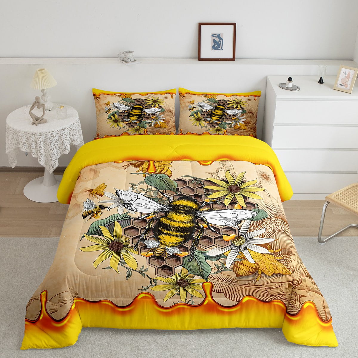 Retro Vintage Comforter Set King Wild Honey Bee Bedding Set, Chic
