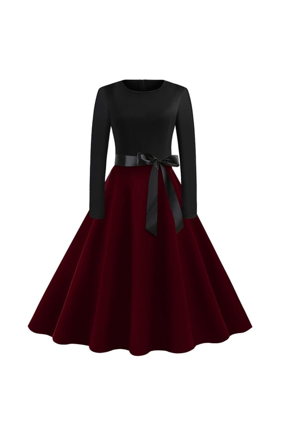 Retro Vintage Dress Women Long Sleeve Patchwork Gothic Swing Dress 50s Rockabilly Halloween Outfit