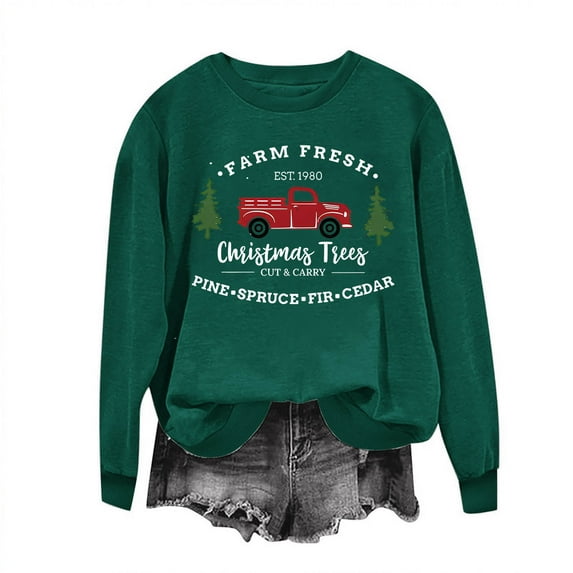 Retro Vintage Farm Fresh Christmas Trees Red Truck Graphic Women Sweatshirt Funny Holiday Pullover Top
