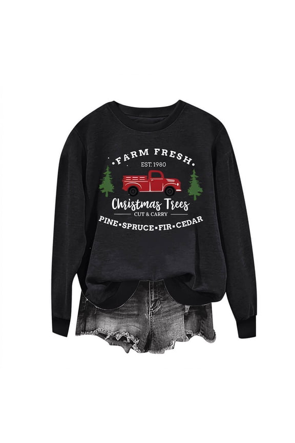 Retro Vintage Farm Fresh Christmas Trees Red Truck Graphic Women Sweatshirt Funny Holiday Pullover Top