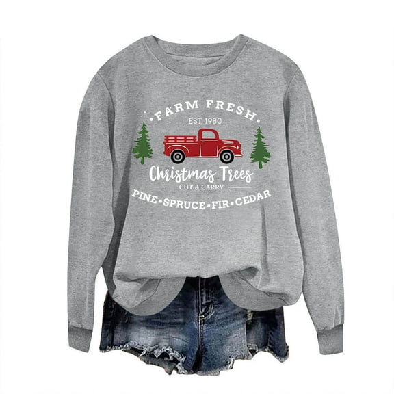 Retro Vintage Farm Fresh Christmas Trees Red Truck Graphic Women Sweatshirt Funny Holiday Pullover Top