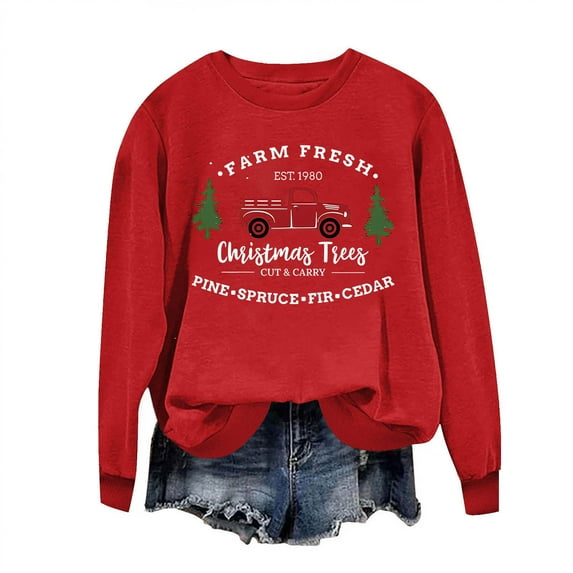 Retro Vintage Farm Fresh Christmas Trees Red Truck Graphic Women Sweatshirt Funny Holiday Pullover Top