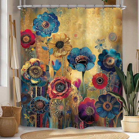 Retro Vintage Flower Mandala Shower Curtain Art Plant Blossom Red Blue Painting Bathroom Set Accessories Decor with Hooks-72"W x 84"L (Pack of 1)