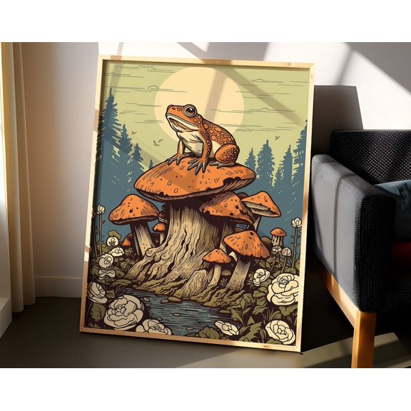 Retro Vintage Frog Illustration - Mushroom Wall Art - Wall Art, Modern Wall Decor, 12x18 UNFRAMED