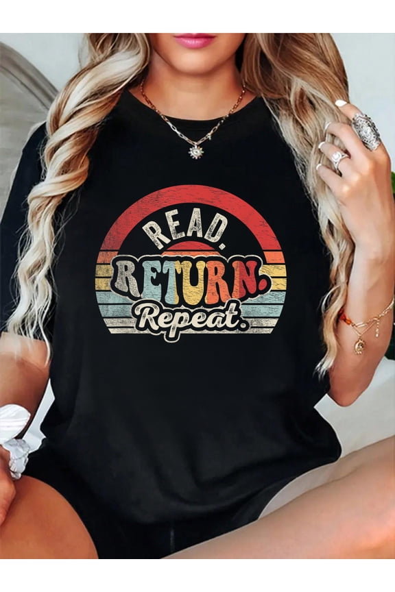Retro Vintage Funny Reading Shirt Read Return Repeat Library T-Shirt Graphic Tee summer Tops For Women Round Neck Fashion Cotton shirts
