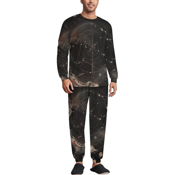 Retro Vintage Galaxy System Map Men's Pajama Set Sleepwear Pjs Lightweight Long Sleeve Crewneck Shirts and Bottoms Soft Comfy Sleep Sets 3XL