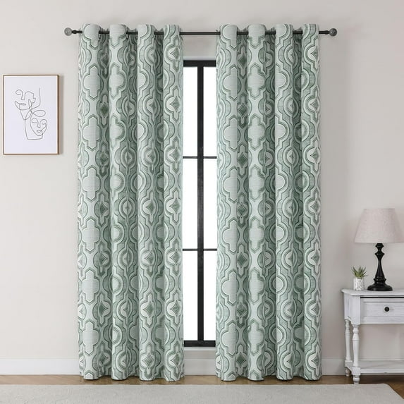 Retro Vintage Geometric Blackout Curtains, Grommet Top Window Treatment Moroccan Insulated Drapes Green 26"W x 63"L (Pack of 2)