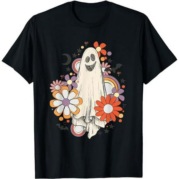 Retro Vintage Gnoovy Halloween Colors Flower Ghost Sketch T-Shirt